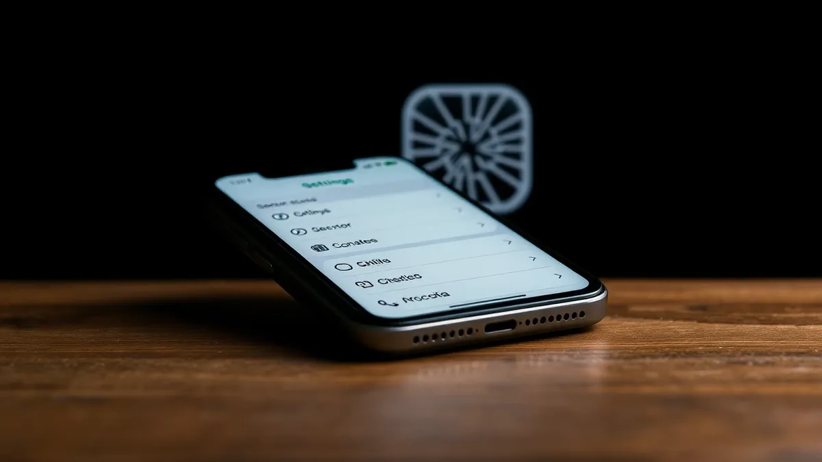 Illustration: A smartphone rests on a wooden table with its screen displaying a settings menu.