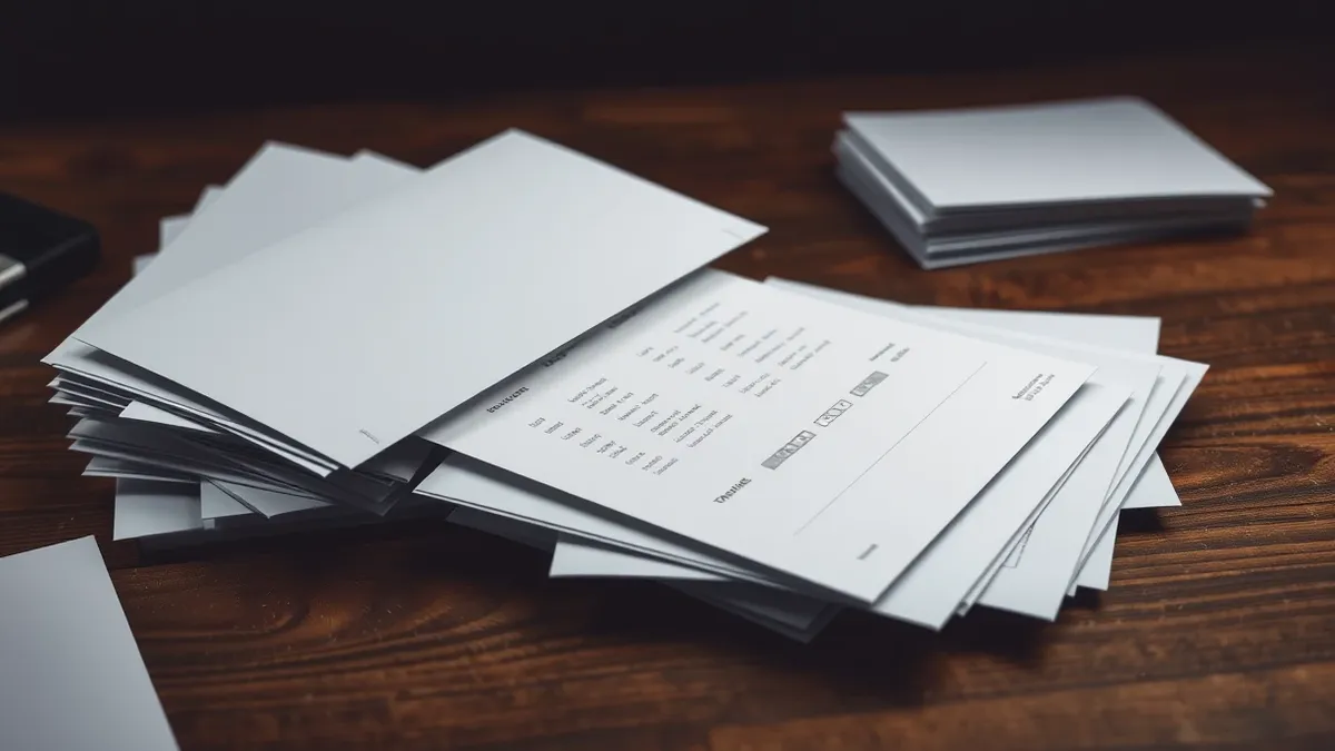 Illustration: A blank white envelope rests on a cluttered wooden desk beside a pile of identical unopened mail.