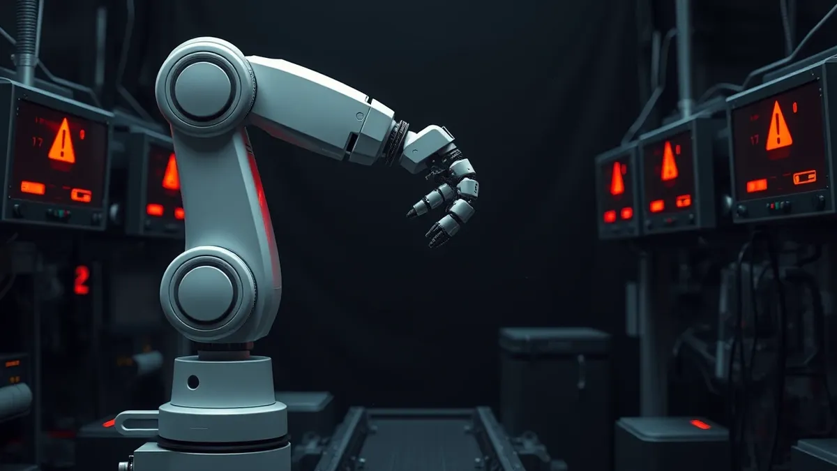 Illustration: A sleek white robotic arm hovers uncertainly above a cluttered factory assembly line.