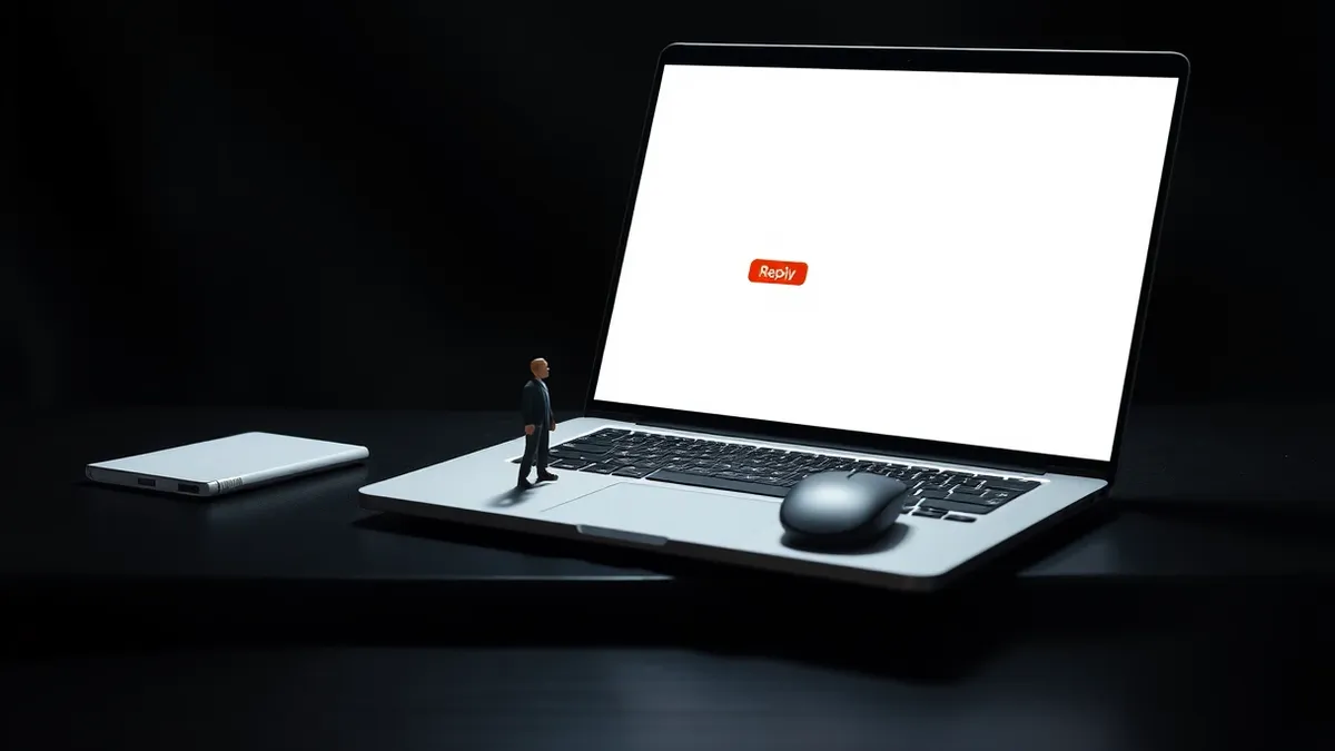 Illustration: A sleek office desk holds an open laptop displaying a blank email interface with a highlighted reply button.