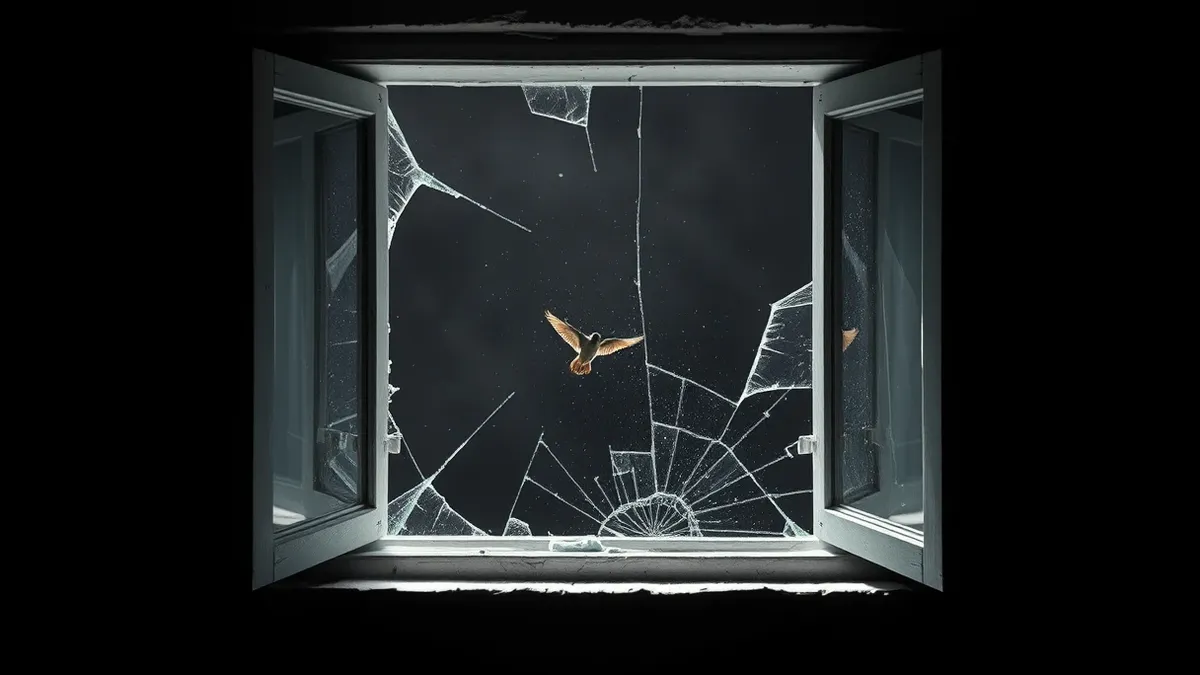 Illustration: A cracked glass pane sits in an open window frame, with a small bird flying through the jagged hole.