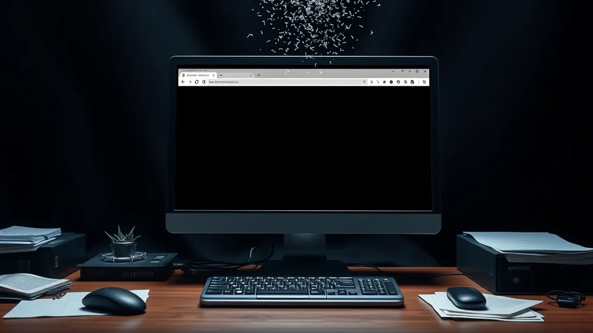 Illustration: A sleek desktop computer sits on a cluttered office desk, its screen displaying a blank web browser window with a single empty tab.