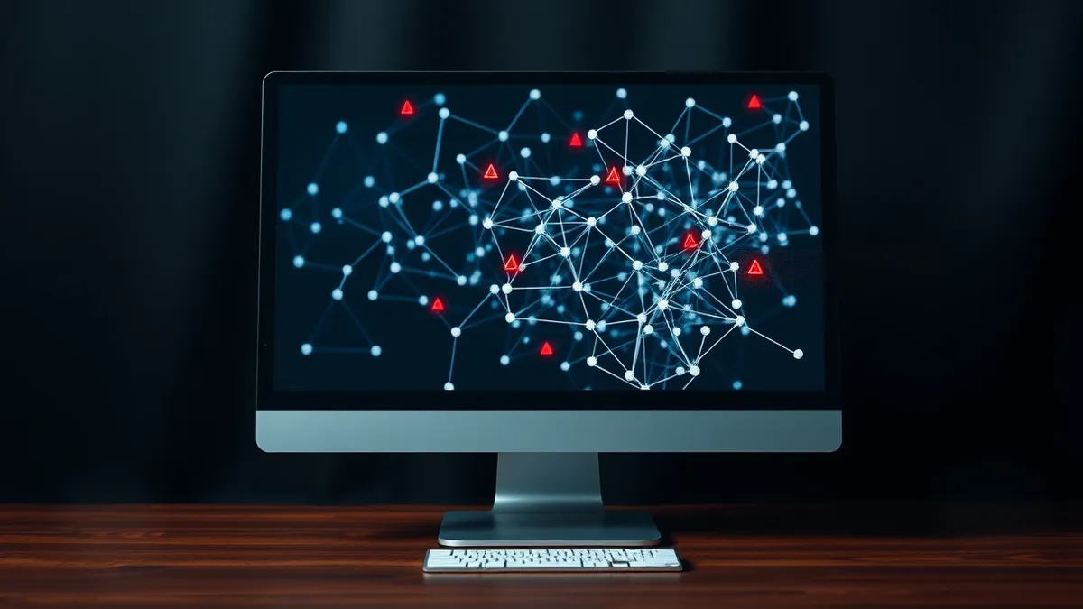 Illustration: A computer monitor displays a complex network of abstract nodes and connecting lines.