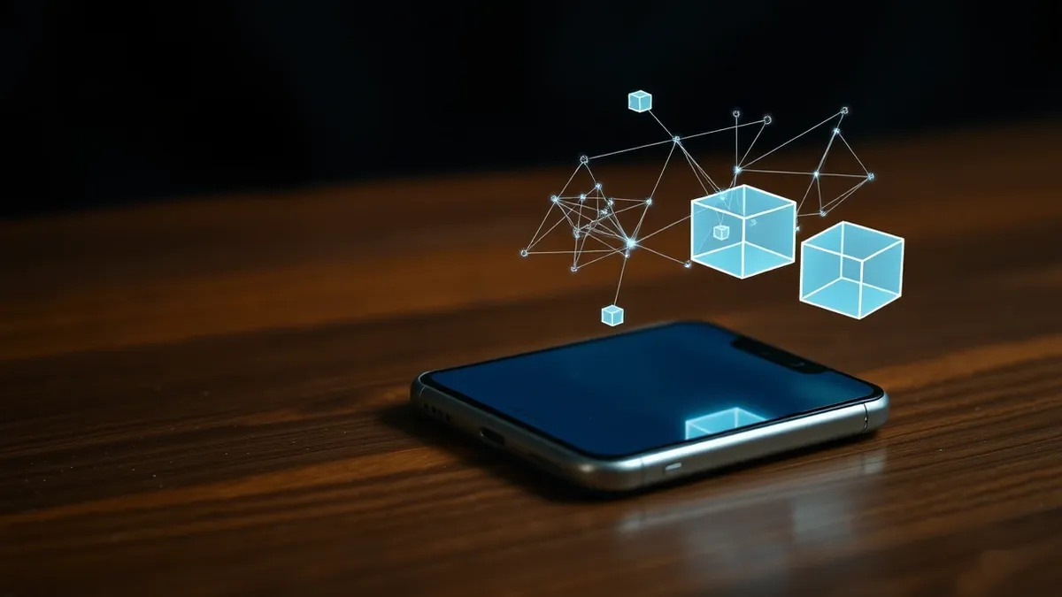 Illustration: A smartphone rests on a wooden table, its screen glowing with abstract geometric shapes that form a tangled web.