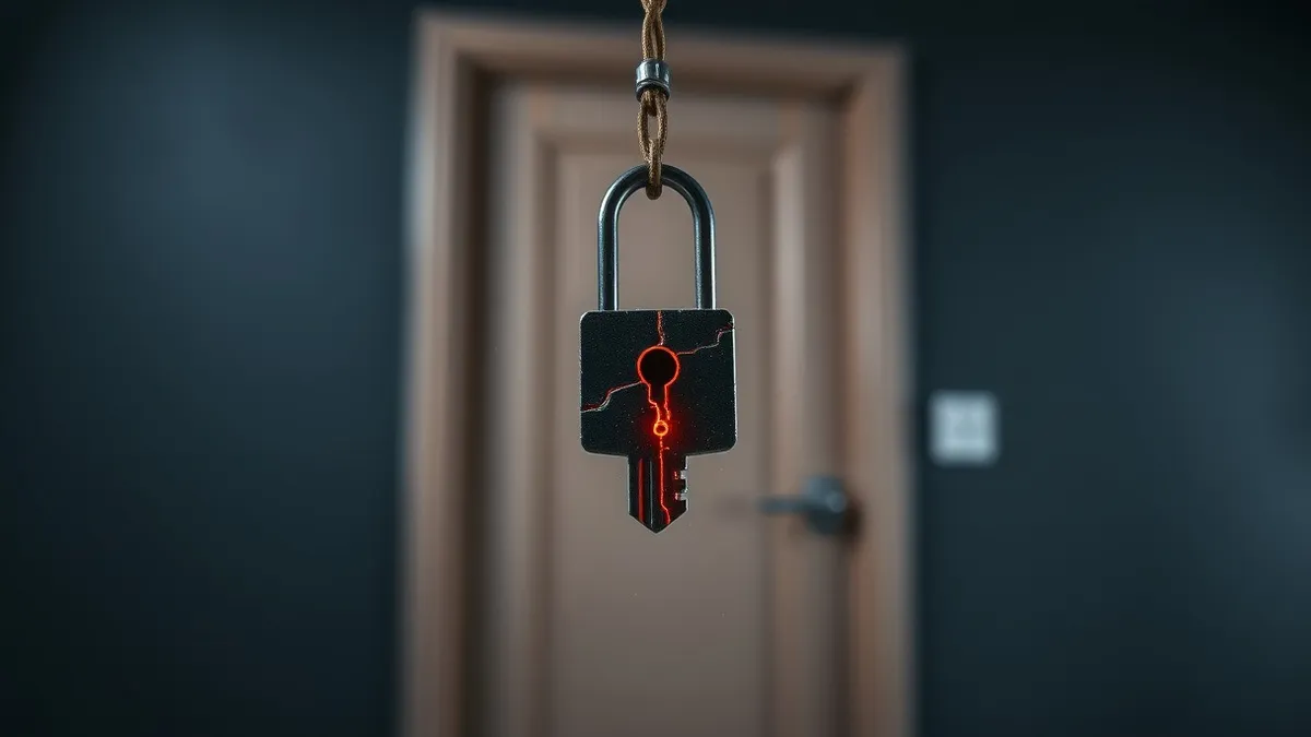 Illustration: A cracked digital key hangs suspended in mid-air, glowing with an eerie red pulse.
