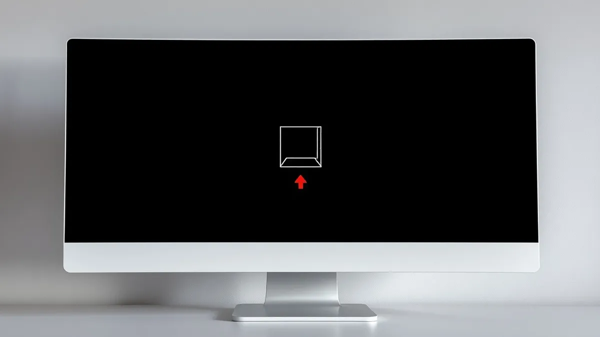 Illustration: A white computer monitor displays a blank webpage with a simple wireframe cube in the center.