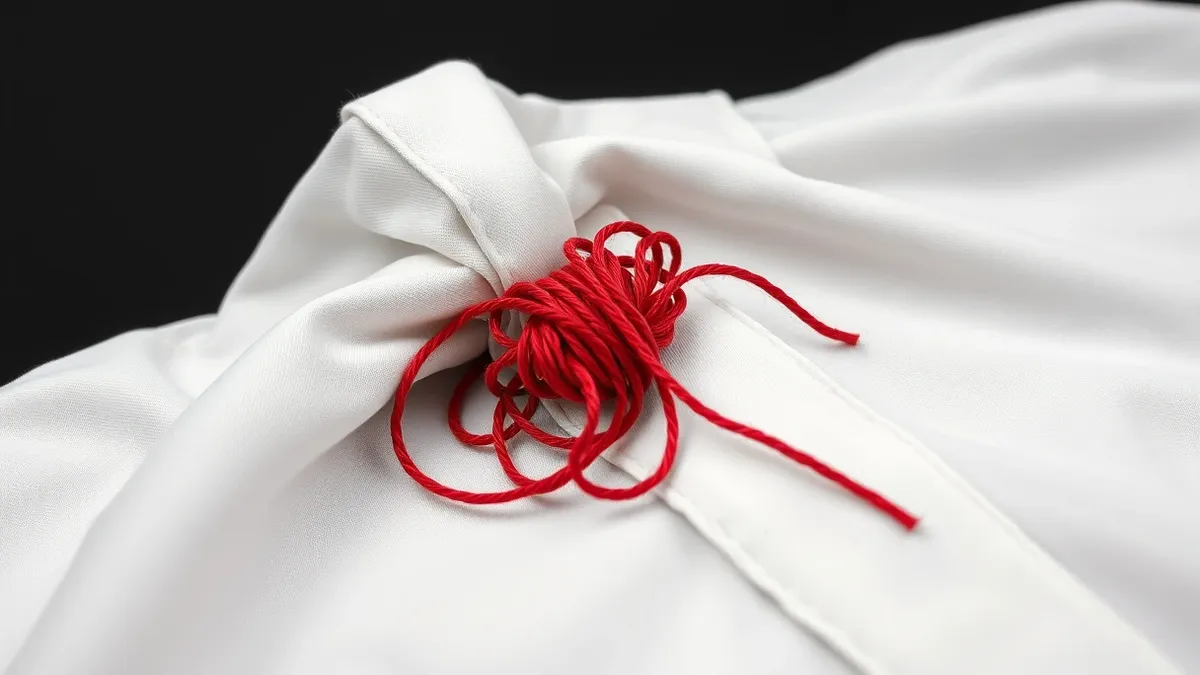 Illustration: A tangled knot of red thread remains embedded deep within the weave of a white shirt.