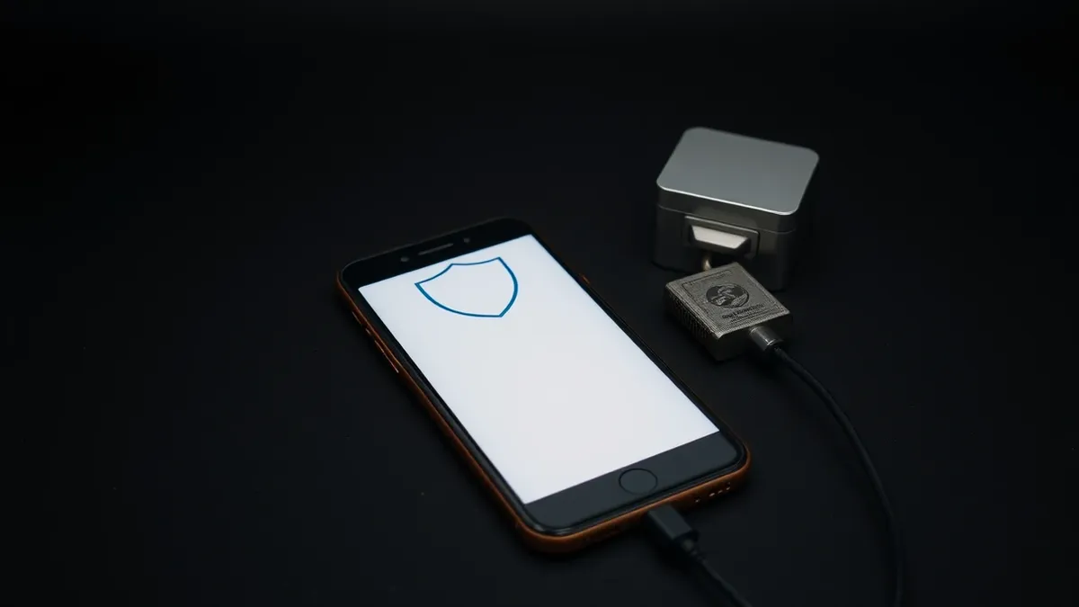 Illustration: A generic smartphone sits on a desk, its screen displaying a blank interface with overlapping shield icons.