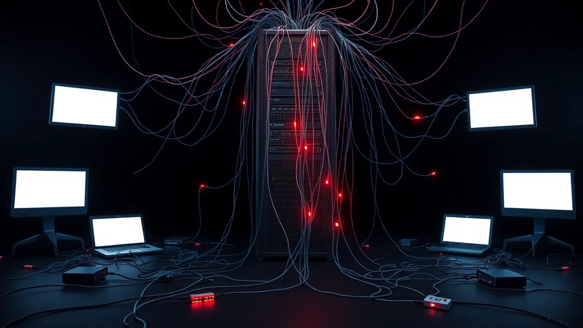 Illustration: A tangled web of glowing threads connects a central server tower to scattered peripheral devices.