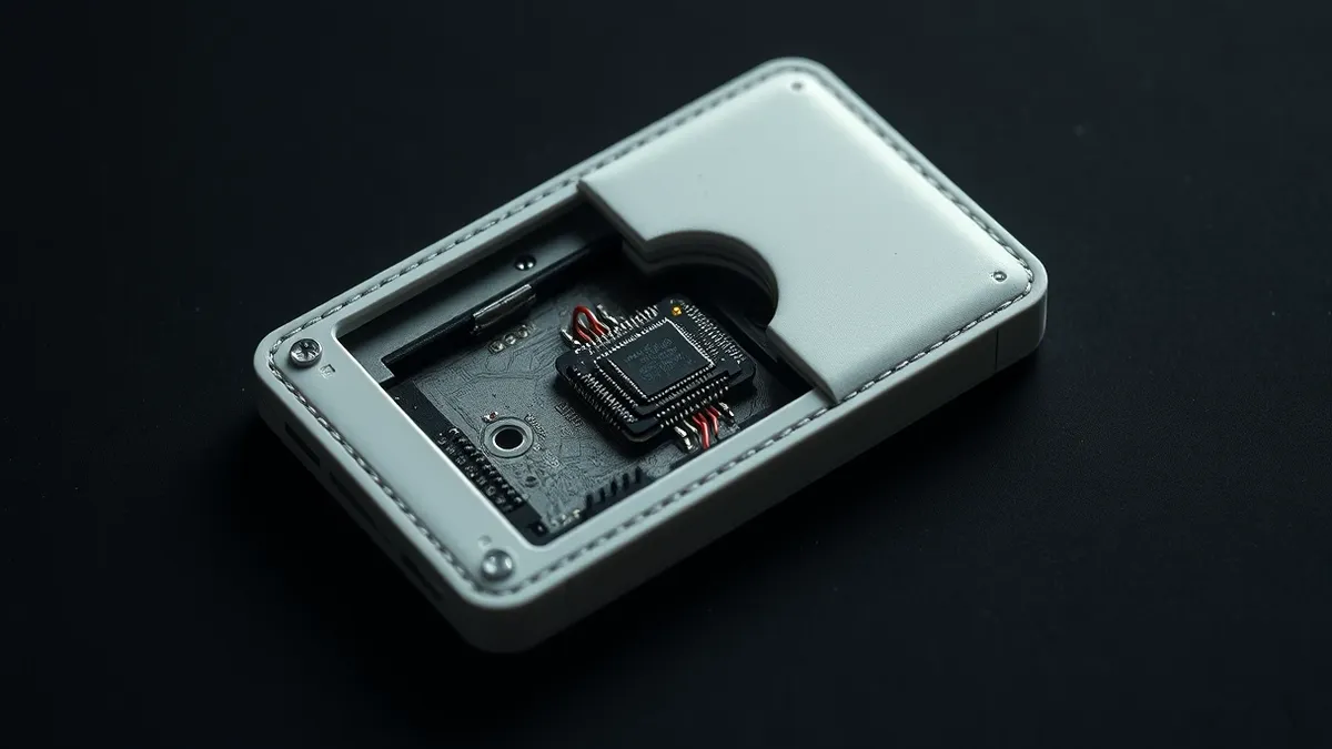 Illustration: A cracked open white hardware wallet sits on a dark desk, revealing a small, suspicious circuit board wired directly to the main chip.