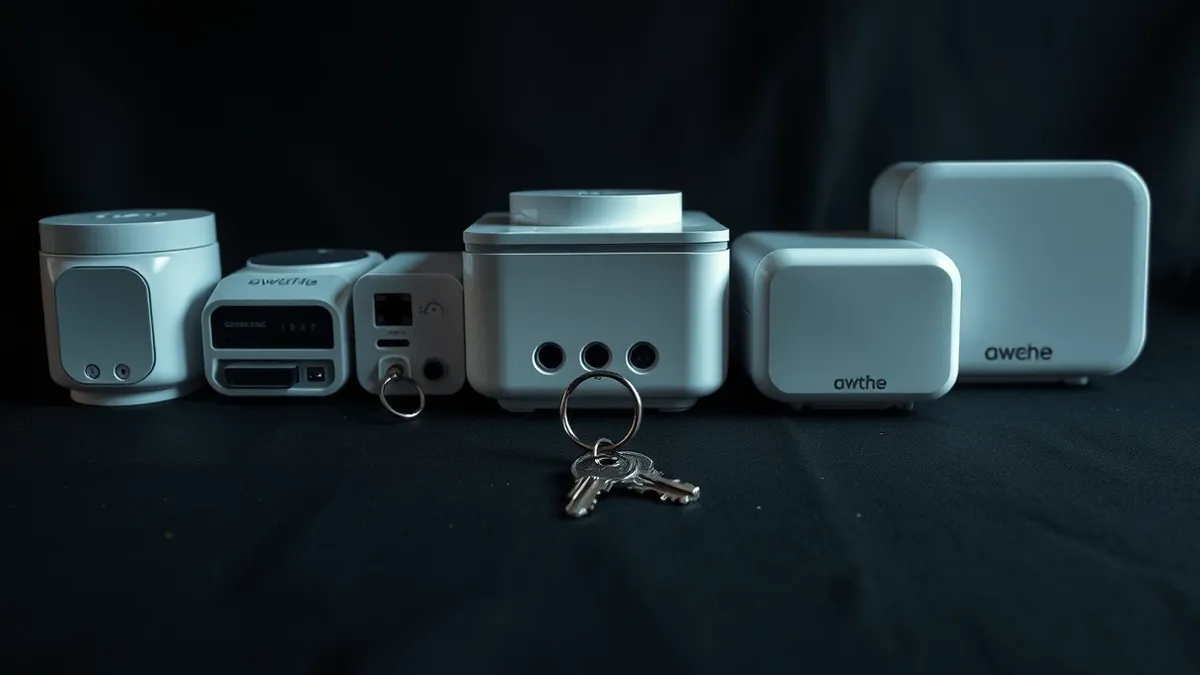 Illustration: A cluster of generic smart home gadgets sits on a plain table, their physical ports and indicator lights exposed.