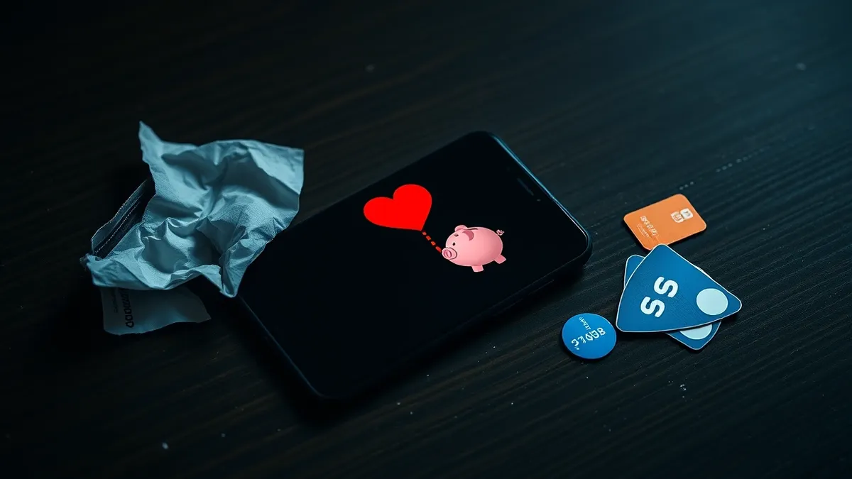 Illustration: A smartphone rests on a wooden table beside a crumpled paper wallet and scattered credit cards.