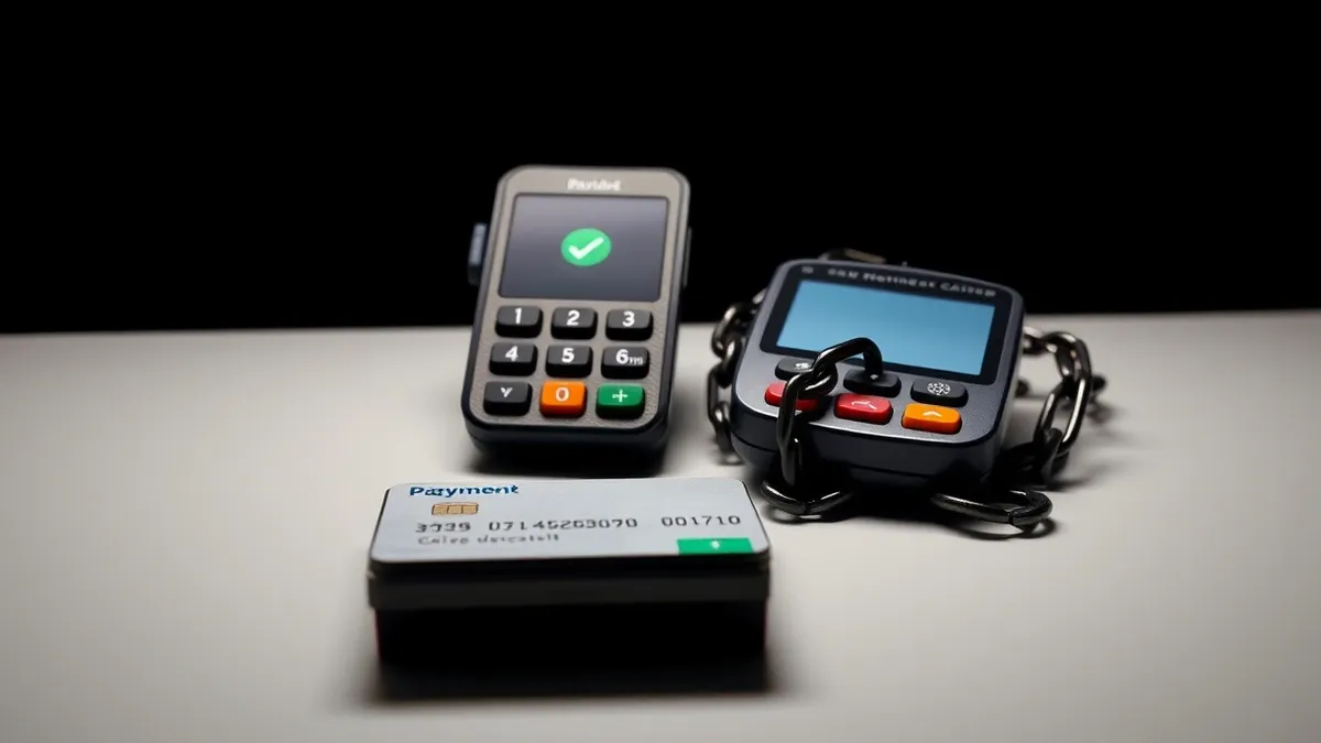 Illustration: A solitary magnetic stripe card rests on a clean white counter next to a small payment terminal.