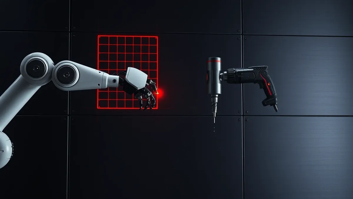 Illustration: A sleek robotic arm scans a wall of smooth metal panels with a red laser grid, identifying specific weak spots.