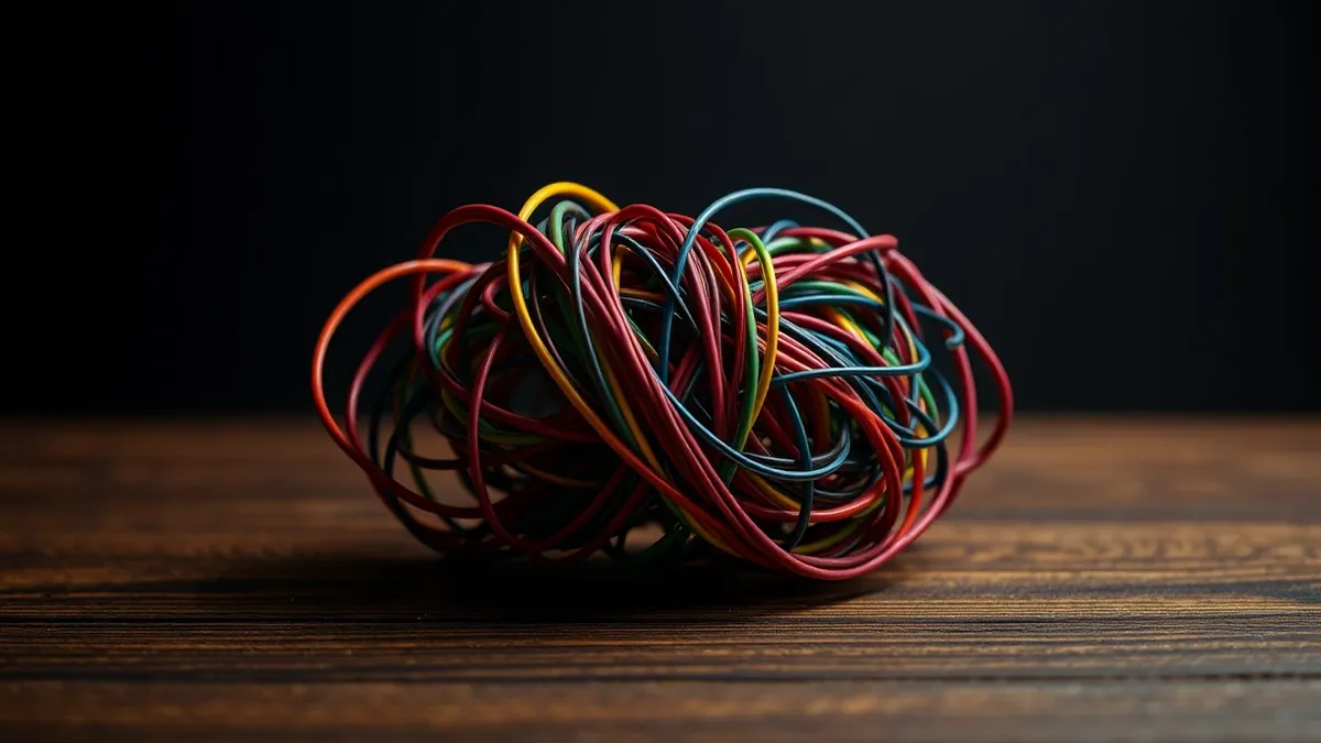 Illustration: A tangled knot of colorful wires sits on a wooden table.