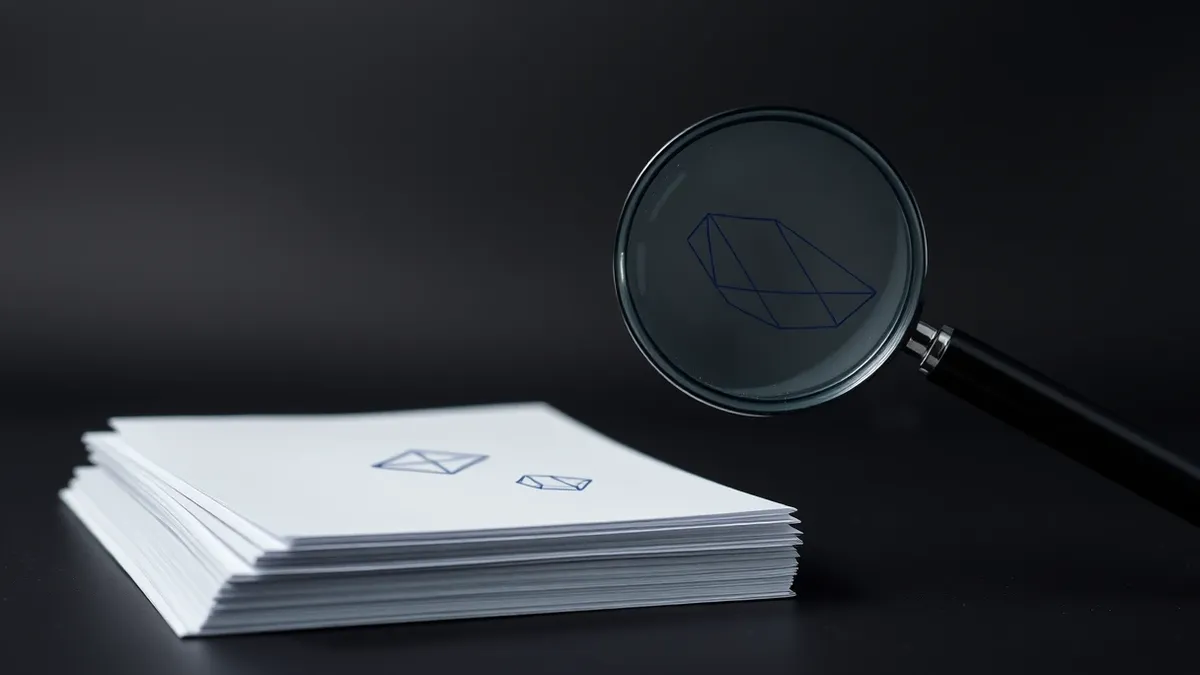 Illustration: A neat stack of blank white papers sits on a desk next to a magnifying glass.