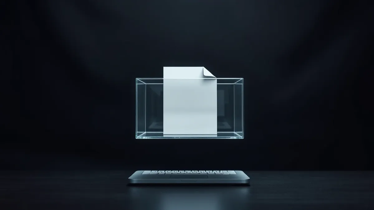 Illustration: A digital file sits inside a transparent glass box that floats above a desktop computer.