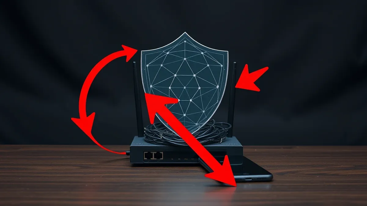 Illustration: A small office desk holds a tangled network router and a smartphone.