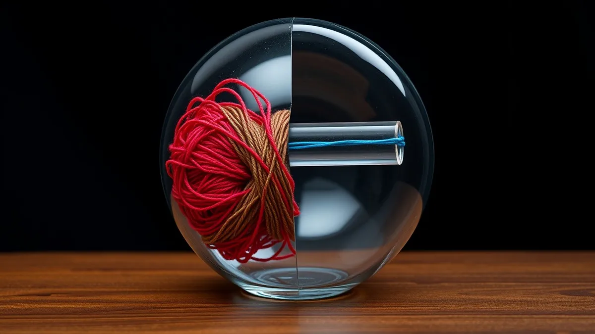 Illustration: A transparent glass sphere sits on a wooden desk, split into two halves.