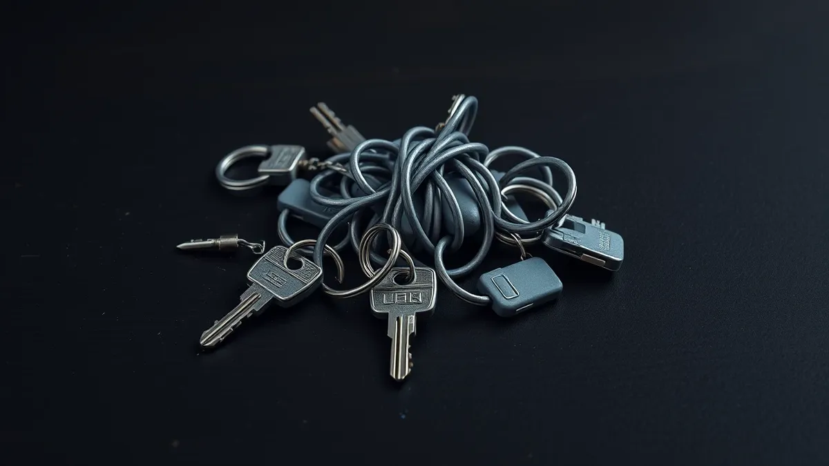 Illustration: A tangled knot of generic grey keychains lies scattered on a dark wooden surface.
