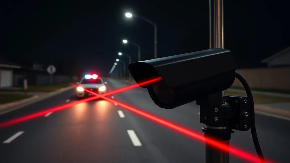 Illustration: A black traffic camera sits on a metal pole, its lens pointed down at an empty asphalt street.