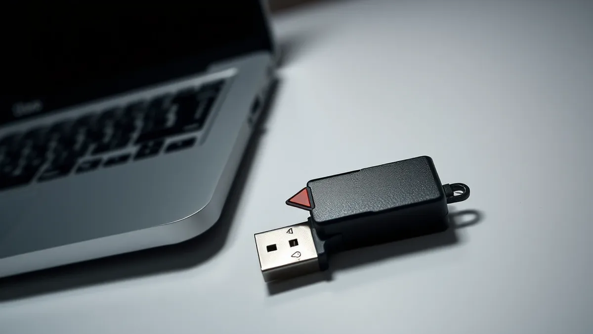Illustration: A sleek black USB flash drive sits on a stark white desk next to a dormant laptop.