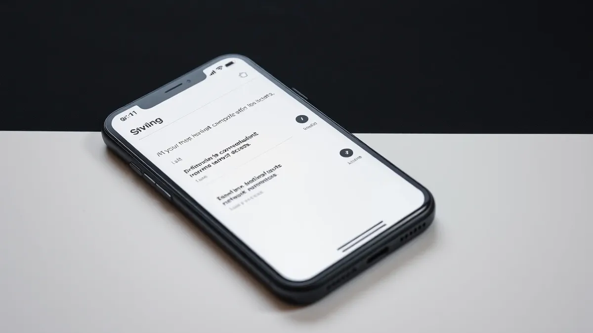 Illustration: A generic smartphone rests on a clean white desk with its screen displaying an abstract settings menu.