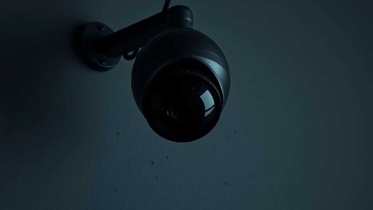 Illustration: A sleek surveillance camera hangs from a metal bracket against a plain grey wall, its dark lens pointed downward.