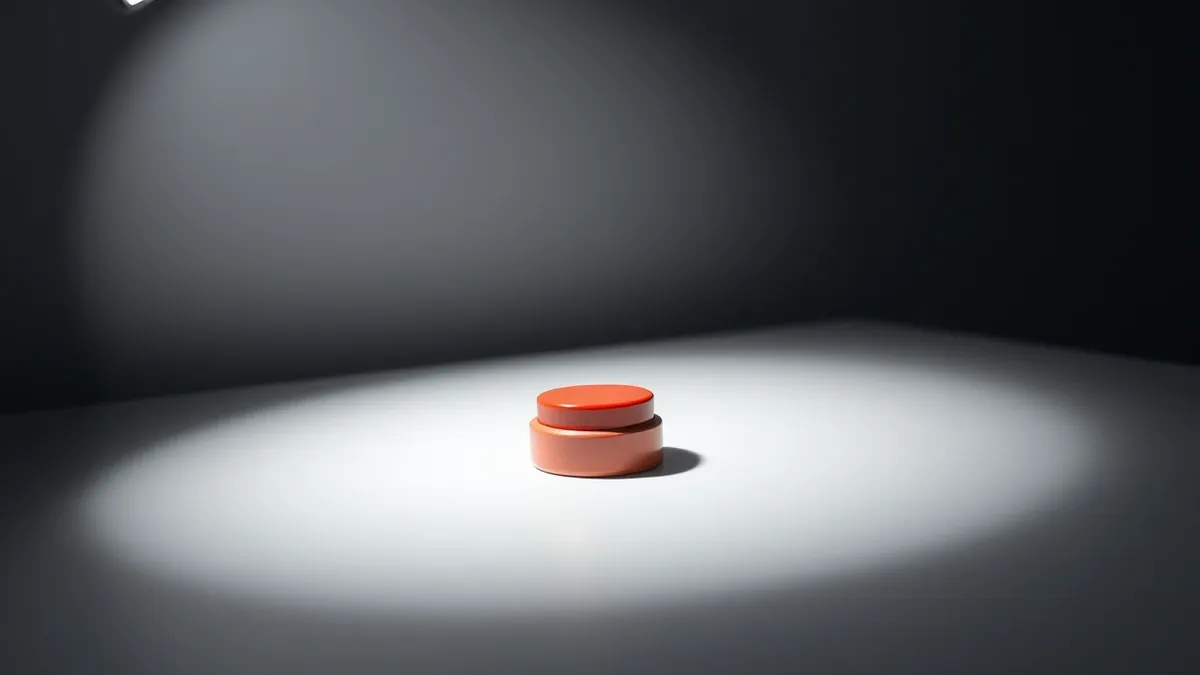 Illustration: A single red button sits on a plain white desk under a harsh spotlight.