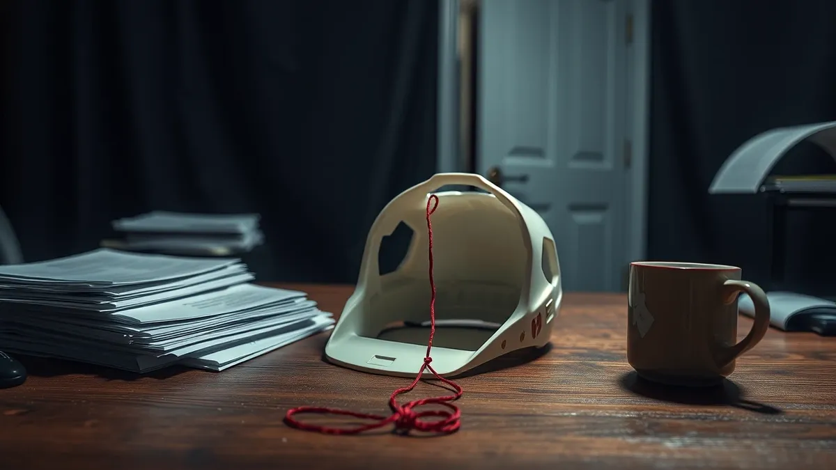Illustration: A cracked, empty plastic helmet rests on a cluttered office desk beside a stack of blank white papers and a coffee mug.
