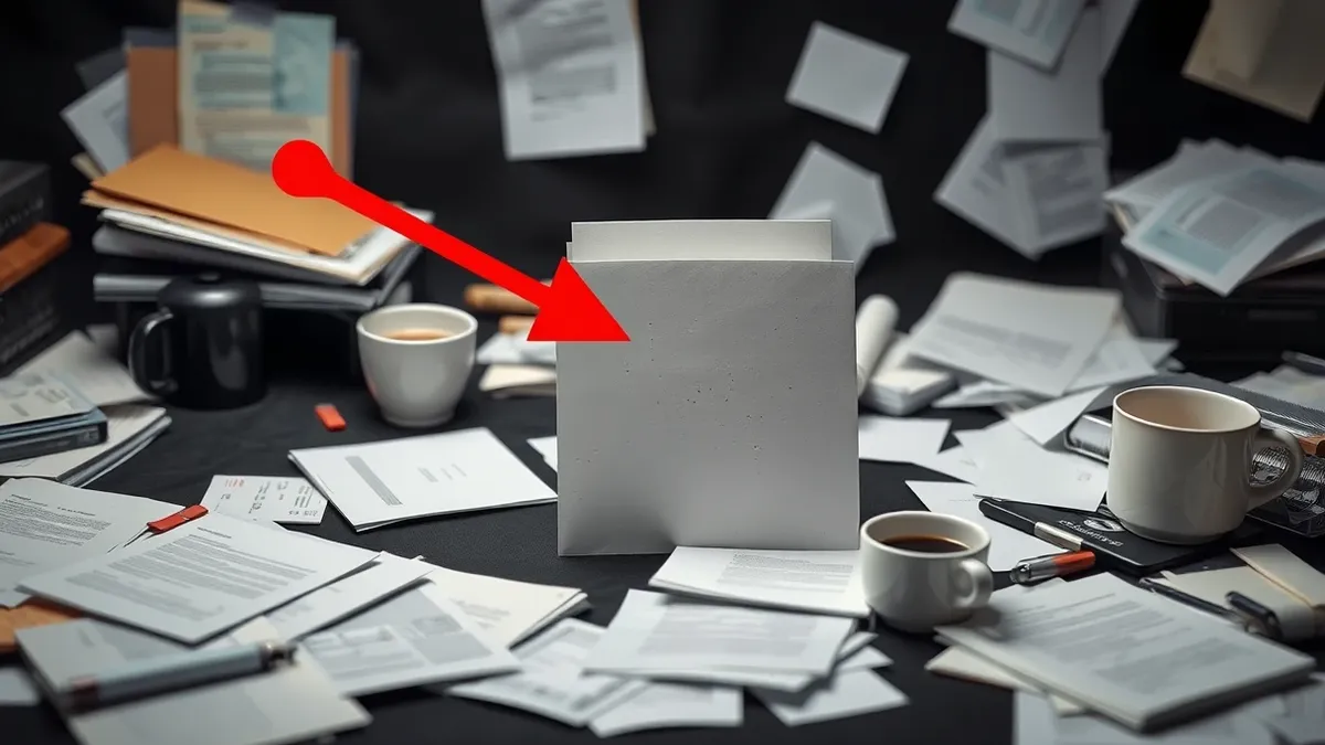 Illustration: A single white decoy file rests on a cluttered desk amidst scattered papers and coffee cups.