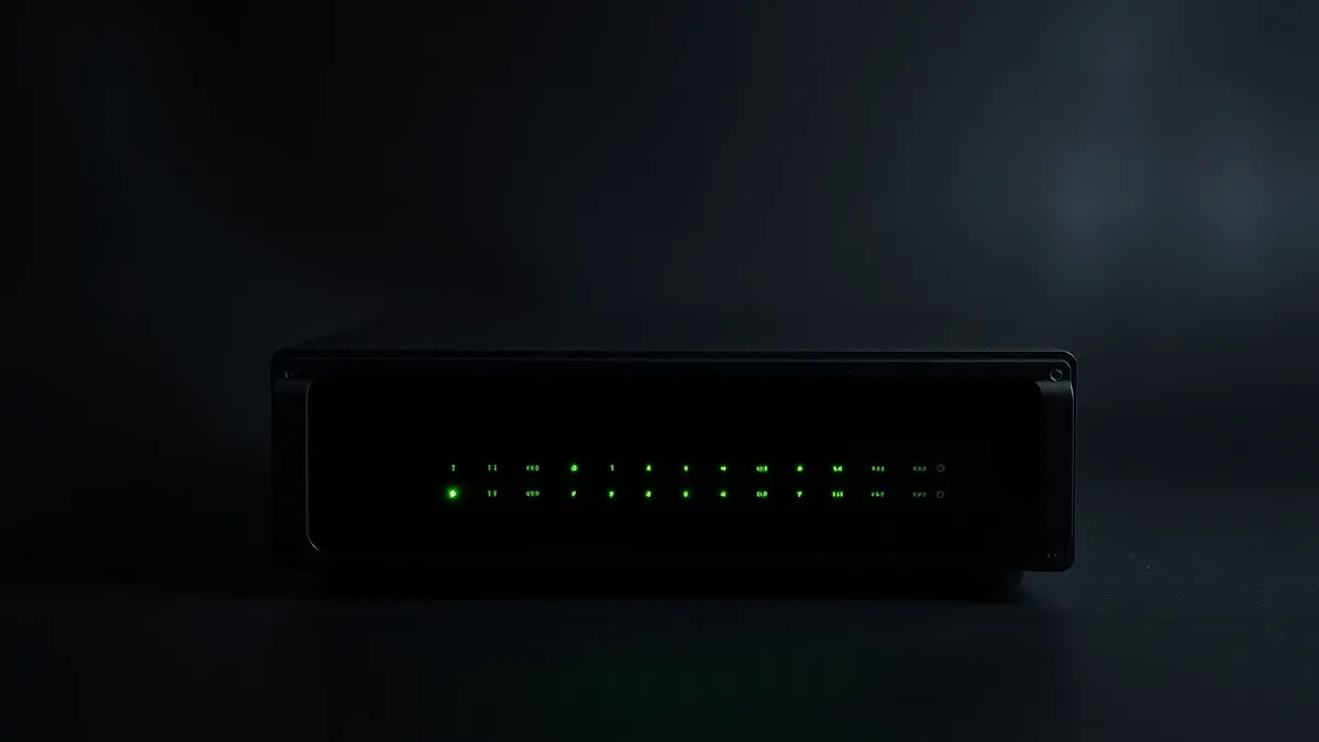Illustration: A sleek black network appliance sits on a plain desk, its front panel displaying only a series of steady, unblinking green LED lights.