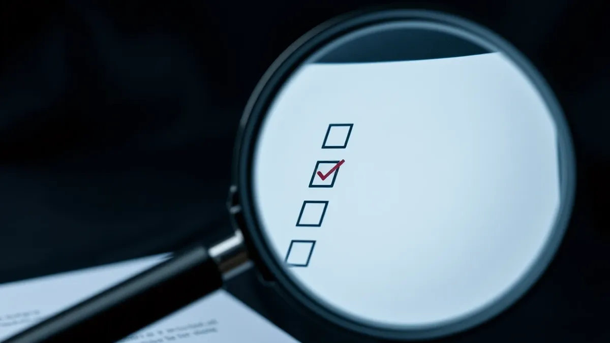 Illustration: A magnifying glass hovers over a blank security checklist, focusing sharply on a single empty checkbox while the surrounding grid remains out of focus and indistinct.