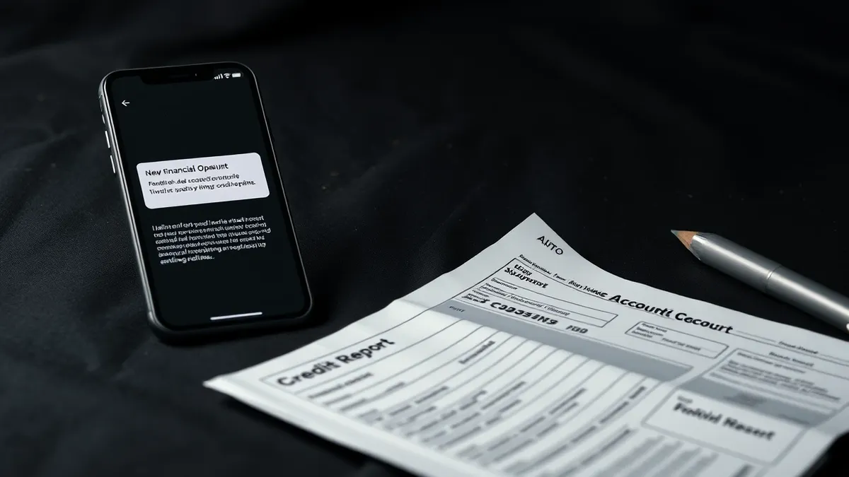 Illustration: A smartphone displays a notification alert for a new financial account opening.