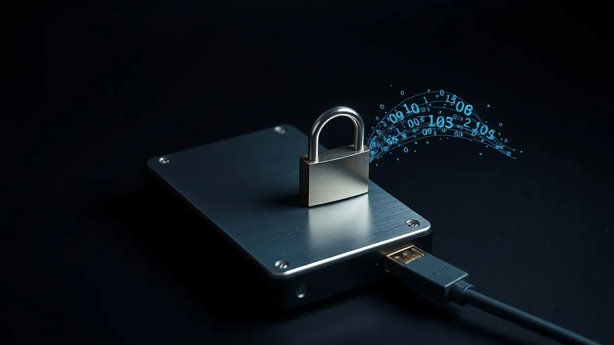 Illustration: A sleek external hard drive sits on a desk, its metallic surface reflecting cool light.