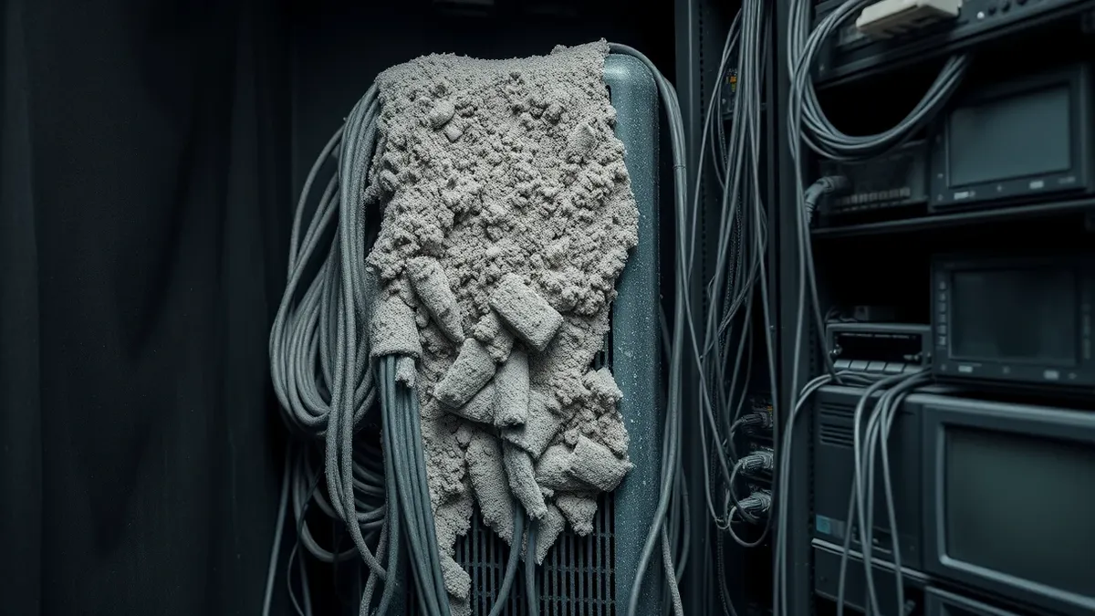 Illustration: A dusty server room corner holds a forgotten tower computer tangled in gray cables, partially buried behind a stack of obsolete monitors.