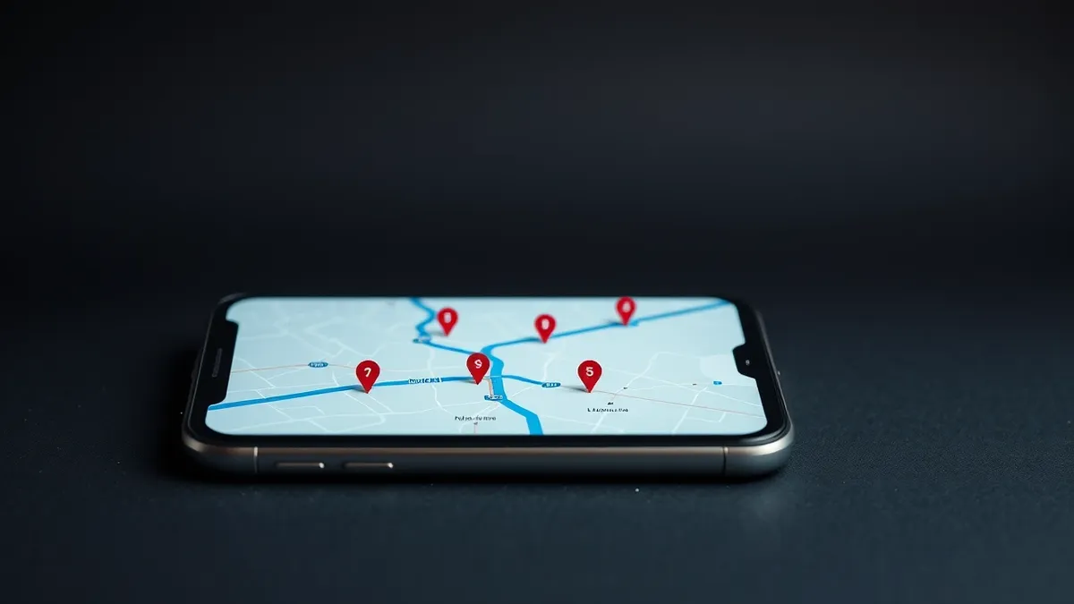 Illustration: A smartphone screen displays a digital map with blue route lines and small red icons marking locations.