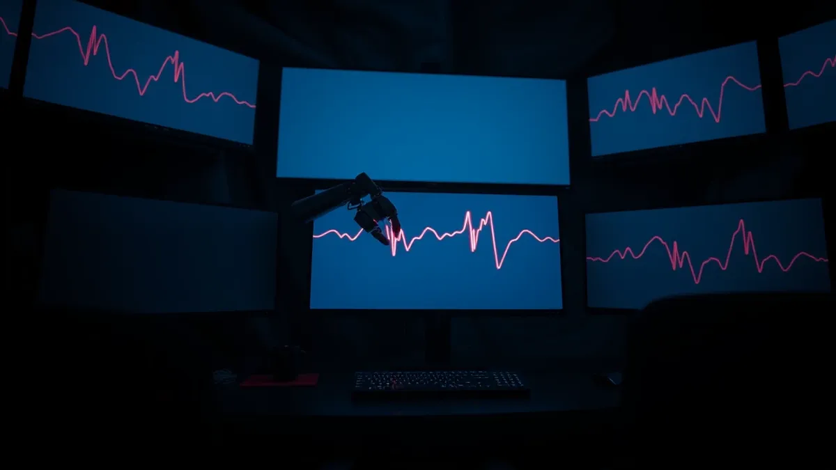 Illustration: A dark control room features multiple blank monitors displaying abstract red and blue waveforms.