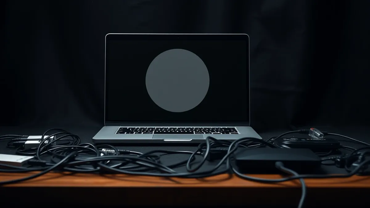Illustration: A sleek laptop sits on a cluttered desk, its screen displaying a single large grey circle with a subtle diagonal slash through the center.