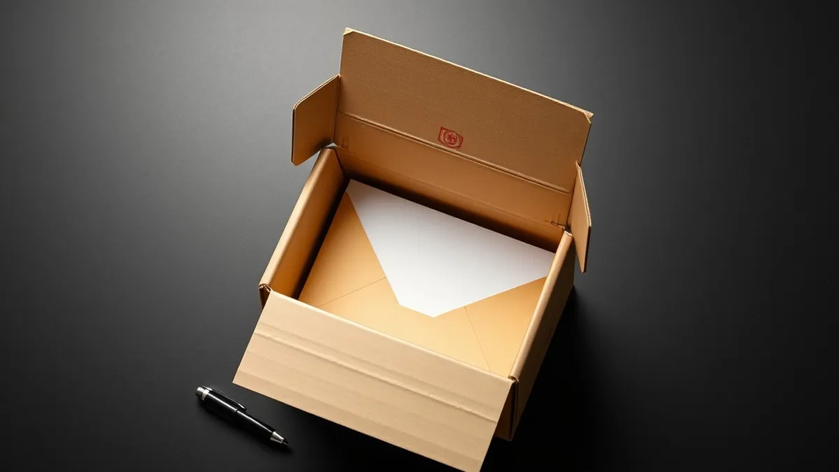 Illustration: An open cardboard box sits on a clean desk, containing a single blank envelope and a sealed manila folder.