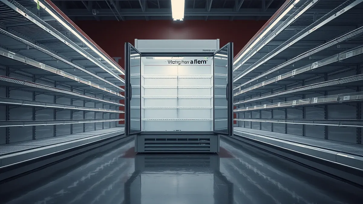 Illustration: A commercial refrigeration unit sits in a brightly lit supermarket aisle with its door slightly ajar, releasing a visible plume of cold vapor onto the polished floor.
