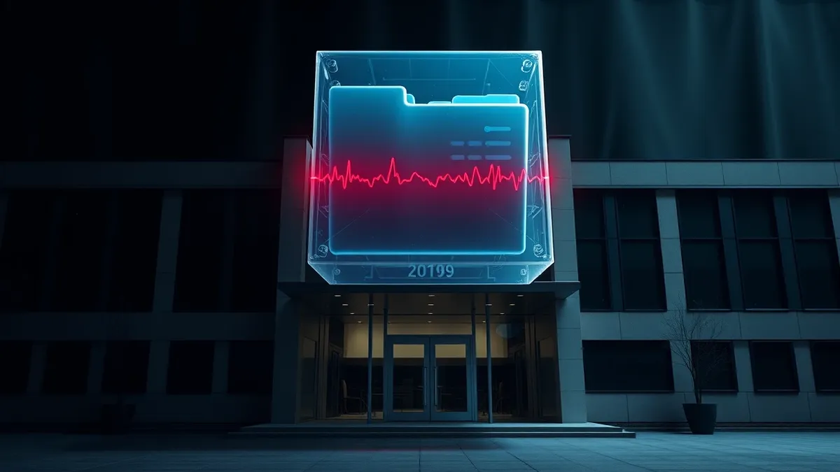 Illustration: A sleek municipal building facade stands in the background while a massive, translucent block of stolen digital files floats ominously above the entrance.
