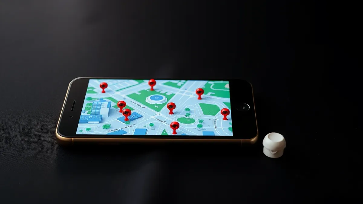 Illustration: A smartphone screen displays a digital city map with blue streets and green parks.