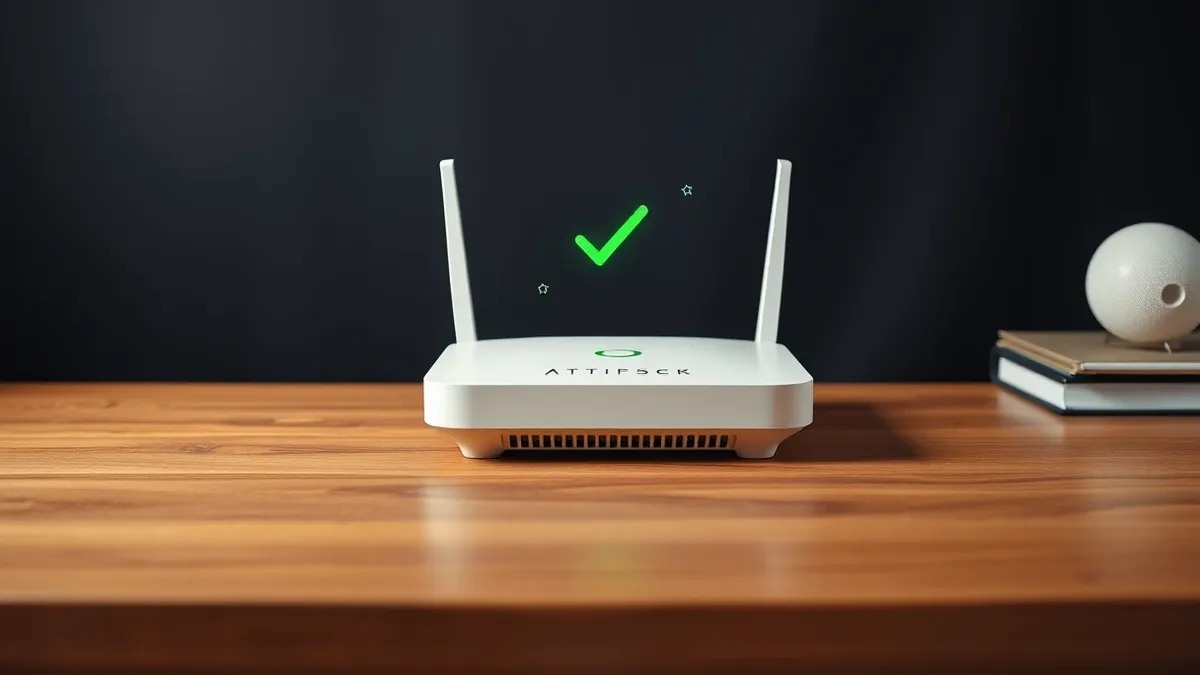 Illustration: A single white router sits on a clean wooden desk with a bright green checkmark hovering above its blank status panel.